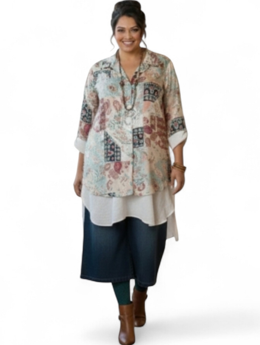 Chapter One Lagenlook Paisley Patchwork Blouse SZ 2X - Roll Tab Sleeves